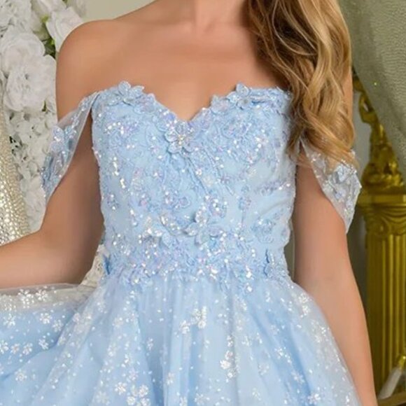 New Off Shoulder Mini Mesh Baby Doll Dress w/ Butterfly Appqliue & Sequins GS368 - Picture 5 of 9